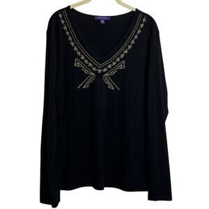 Bogari Womens Silk Blend Knit Top XL Black Gold Embroidered V-Neck Long Sleeve